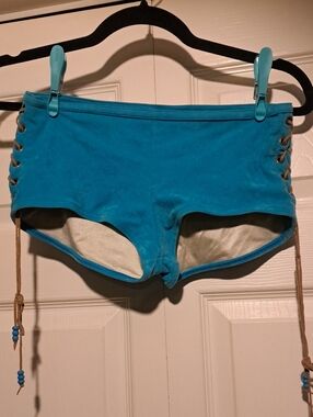 🏝I.F-Set Turquoise Blue Lace-Up Women's Swim Shorts & Top Suit Set Velvet Feel